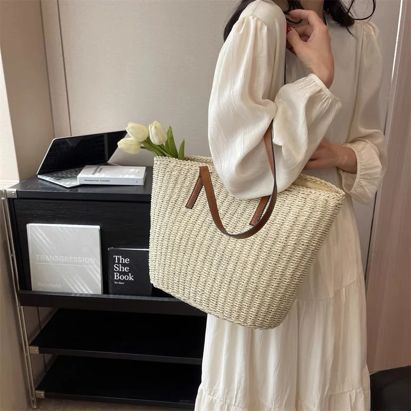 Casual Large Capacity Straw Basket Bag Rope Woven Women Shoulder Bags Handmade Lady Handbags Summer Beach Big Tote Shopper Purse