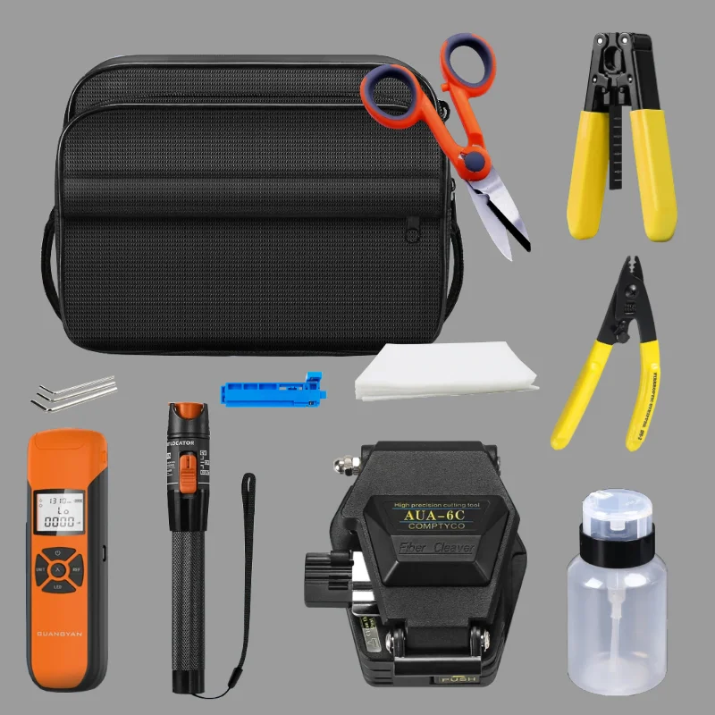 FTTH Fiber Optic Tool Kit, G10 Power Meter 70-+ 3dbm, 10MW VFL Cleaver, Cable Stripper Tools Set, Kevlar Scissor Combination Set