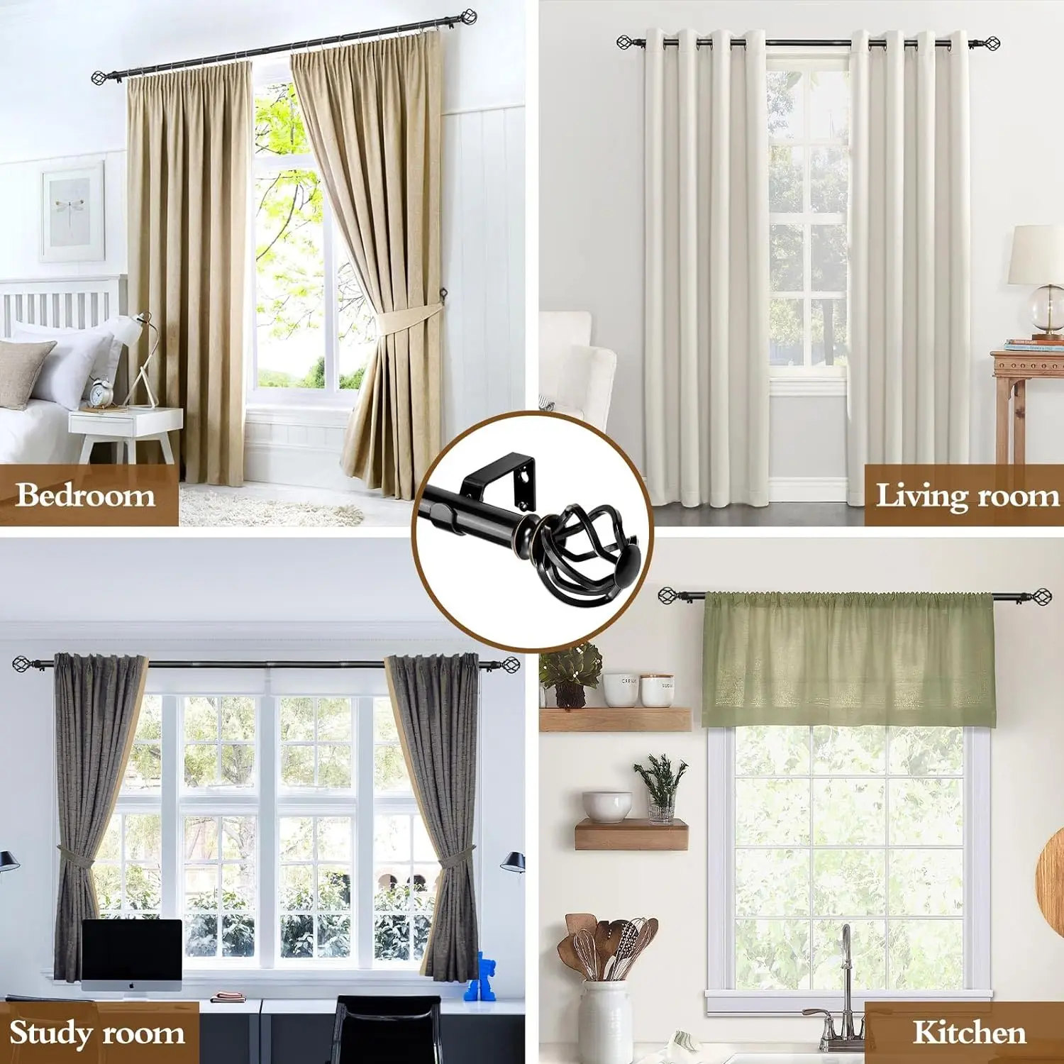 Black Curtain Rods for Windows , 1 Inch Heavy Duty Curtain Rod 18 to 120, Long Decorative Single Drapery Rods, Twisted Cage End