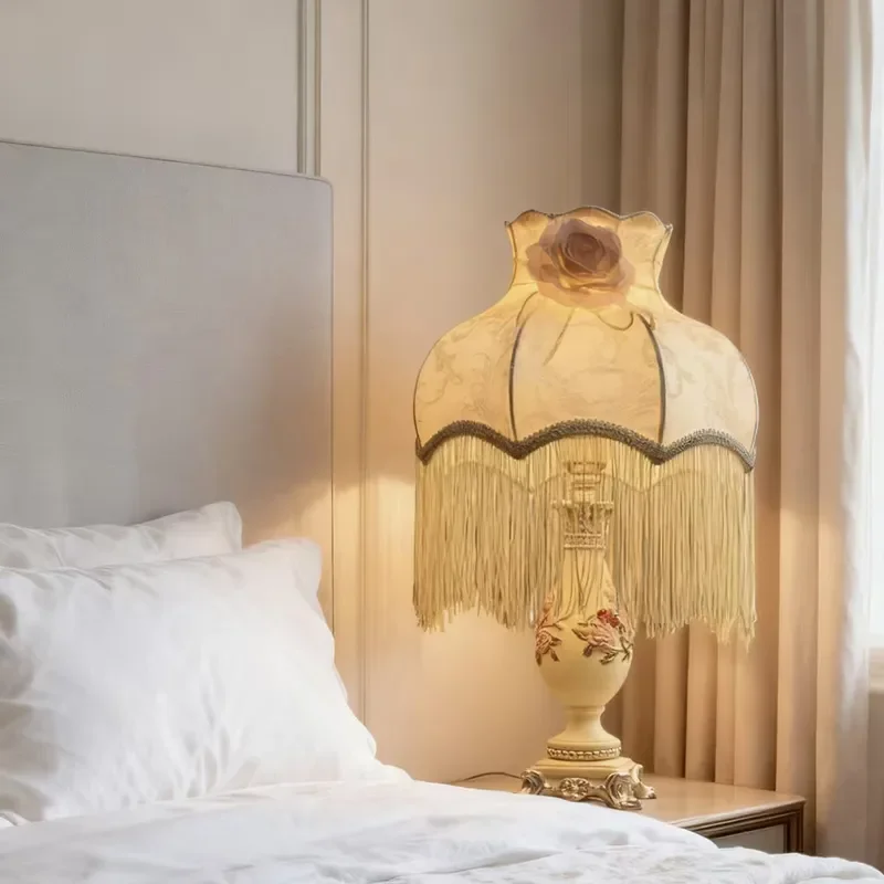 Beige Resin Table Lamp with Rose Design and Fringe Shade Elegant Princess Style Bedside Light for Wedding Bedroom Home Decor