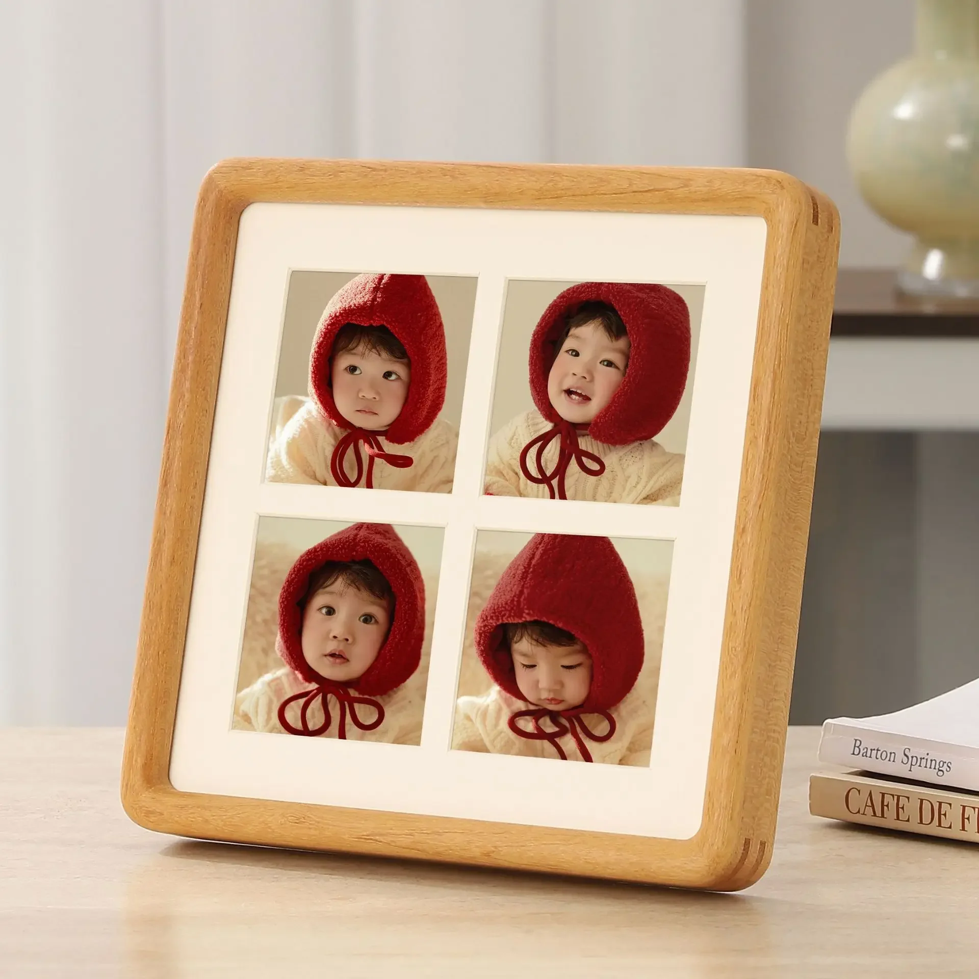 Square Photo Frame High-grade Black Walnut Wedding/Teak Picture Frame DIY Four Grid Couple Display Pictures Home Desktop Decor