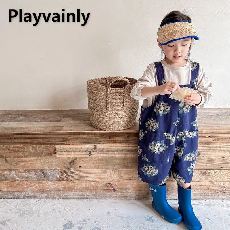 

Korean Style Summer Baby Boy Girl Loose Overalls Beige Blue Floral Jumpsuit Children Fashion Wide Leg Pants Baby Clothes E122291