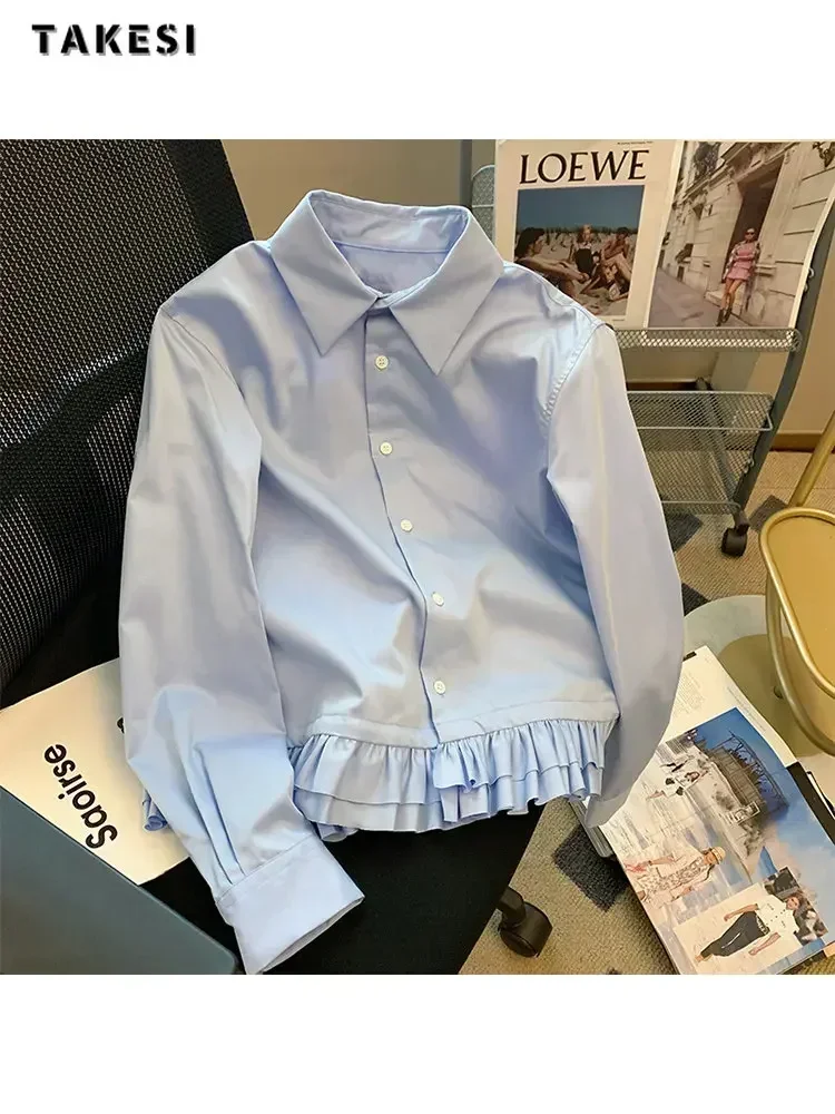 

Женская летняя блузка 2024 в повседневном стиле с отложным воротником, оборками, однотонная, с длинным рукавом, на пуговицах, топ