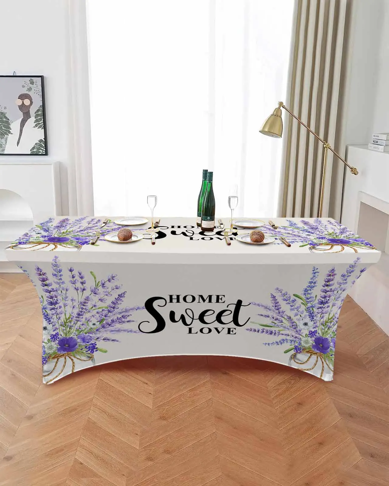 Watercolor Lavender Bottle Rectangular Elastic Table Skirt Wedding Hotel Table Cover Holiday Dining Table Tablecloth