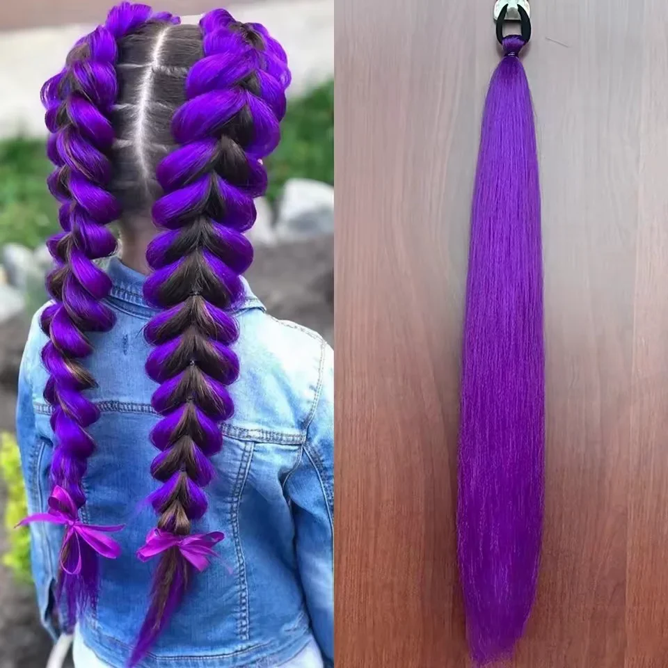 

2PCS Synthetic Purple Ponytail Extension with Rubber Band Long Straight DIY Braided Pony Tail Hairpiece Women Hair Accessories