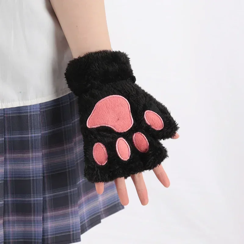 Women Cartoon Cat Claw Gloves Thickened Plush Lovely Style Bear Paw Exposed Fingers Half Winter Mittens Warm Girls Gift Gloves