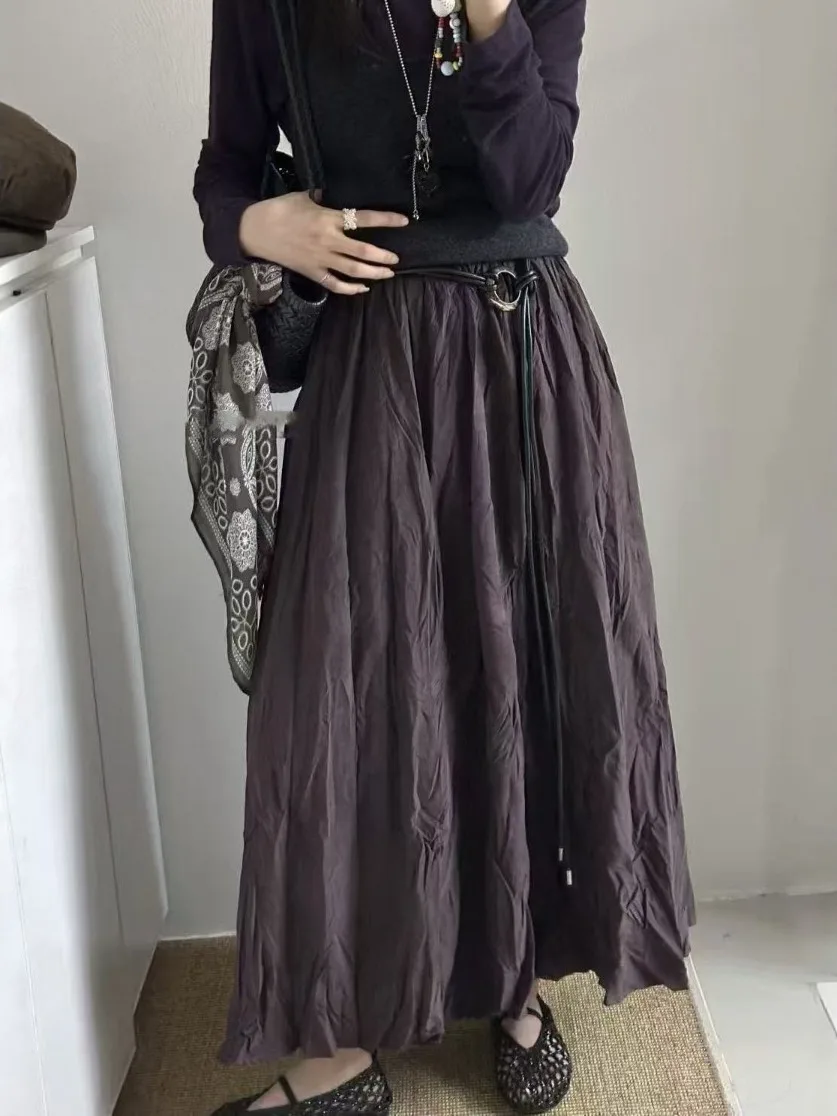 

Юбка-миди трапециевидной формы с высокой талией, свободная плиссированная универсальная корейская юбка больших размеров, осеннее новое поступление, повседневная хлопковая юбка