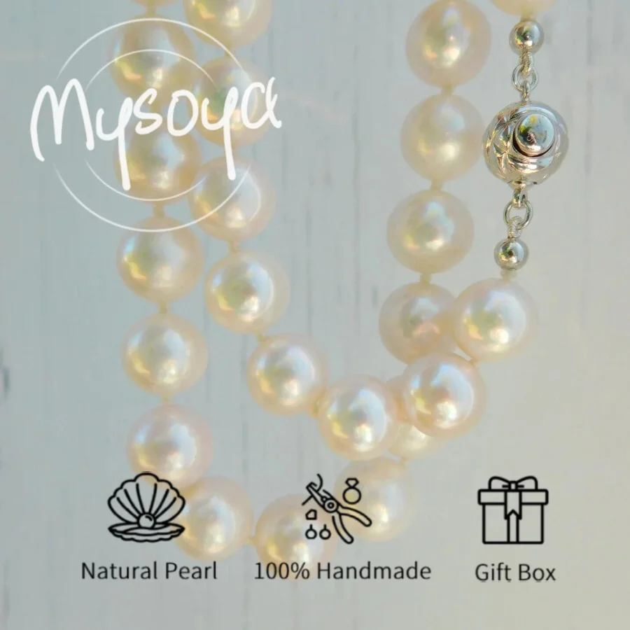 

MYSOYA 9-11mm White Freshwater Pearl Necklace Large Natural Pearls Gift Box Perfect Gift For Wedding Birthday Christmas New Year