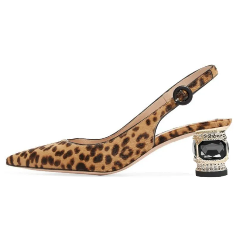 

DIZHUANG Сексуальные женские туфли на высоком каблуке. Черные замшевые туфли (леопардовый принт). Высота каблука около 5,5 см. Хрустальный каблук. Слингбеки. обувь.