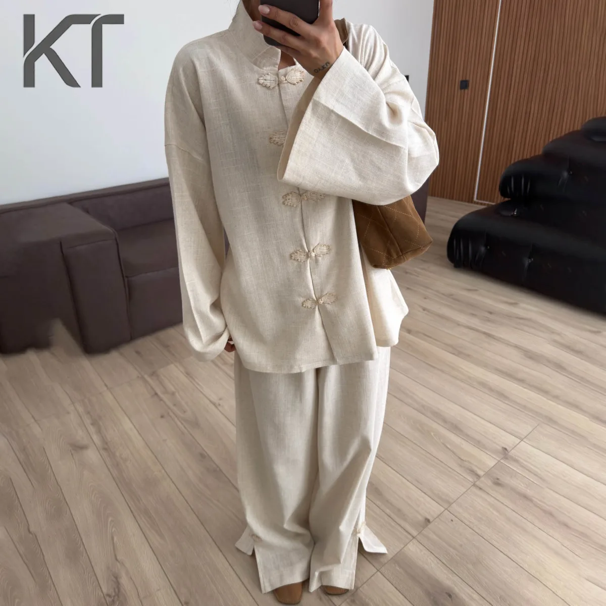 KT Women's Elegant Beige  Set Mandarin Collar Frog Button Loose Shirt & Pants Casual & Daily Wear 2026