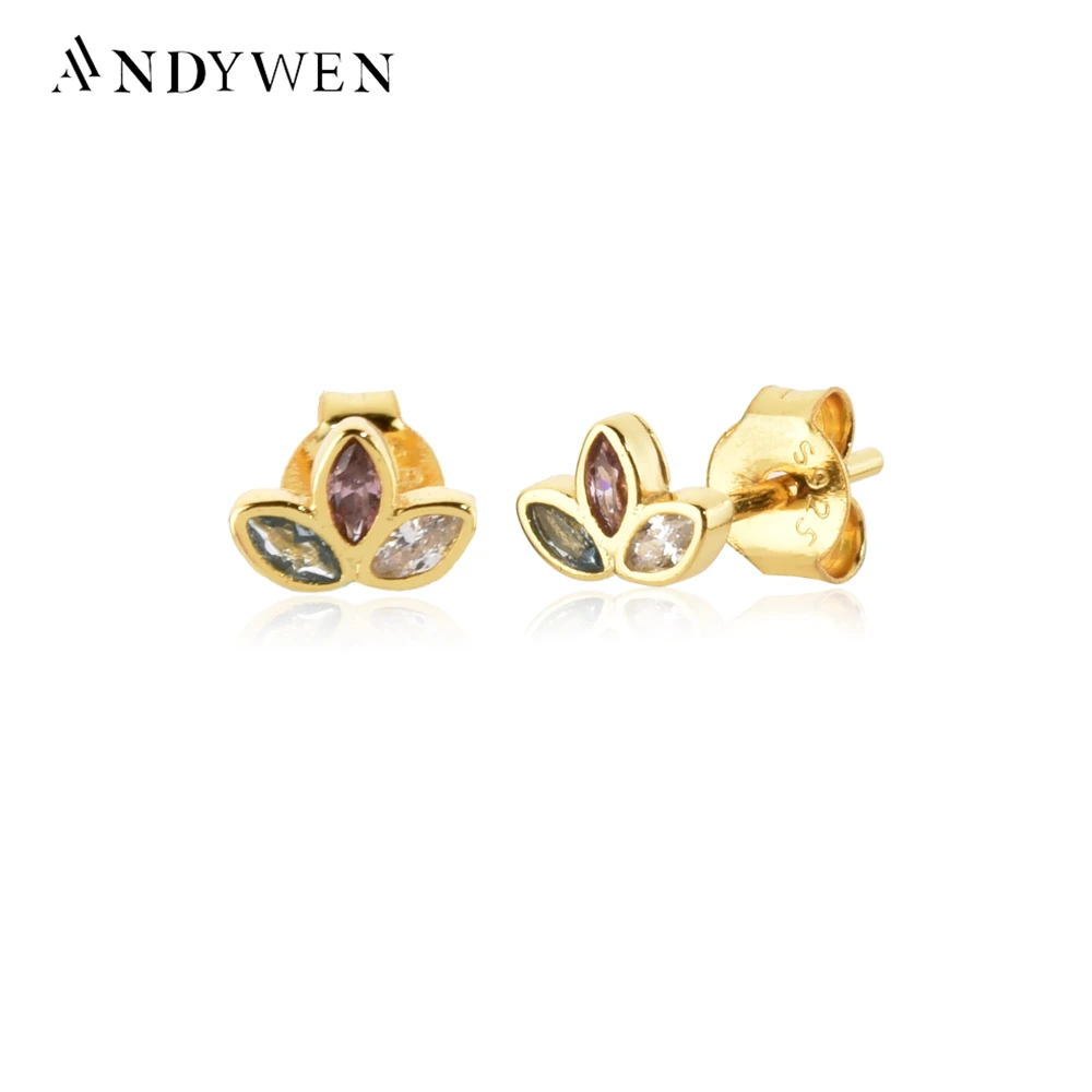 ANDYWEN 925 Sterling Silver Gold Rainbow CZ Three Zircon Rainbow Stud Earring Piercing Pendiente Luxury Jewelry For Women