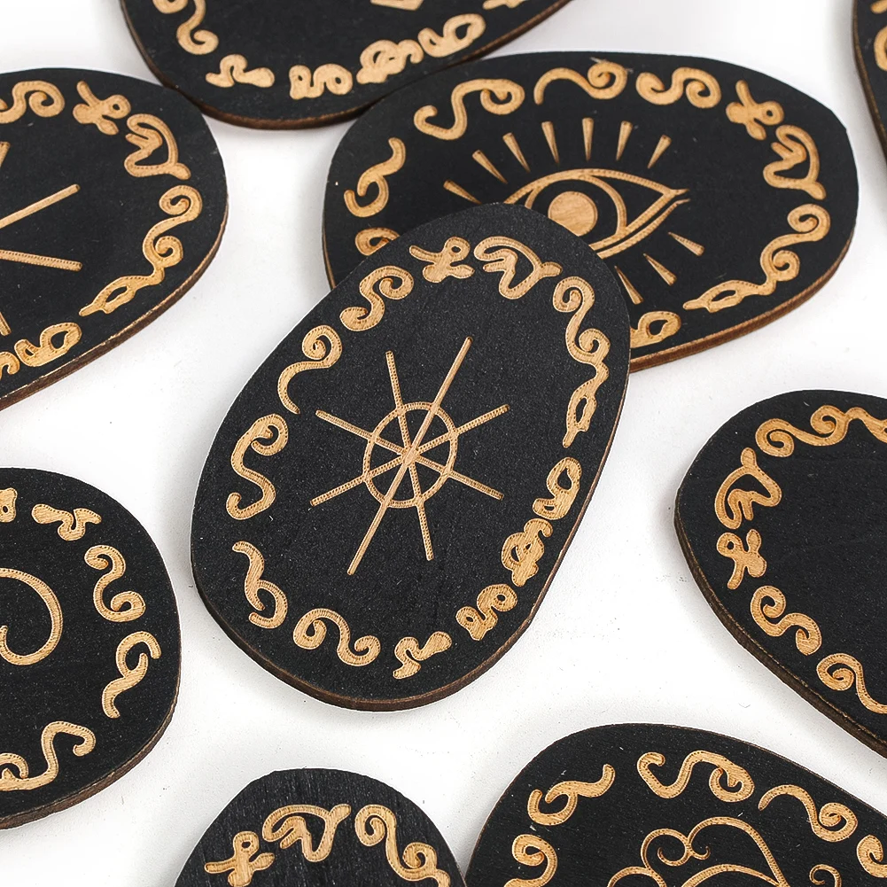 14PCS Wood Runes Stones Divination Pagan Witches Tools with Engraved Symbols for Altar Decor Home Witchcraft Supplies Gift