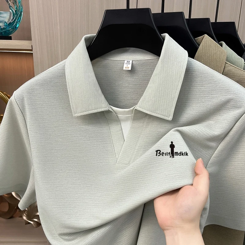 Designer Style Men's Lapel Fake Two Piece Polo Shirt Summer Soft Print Solid Color Short Sleeve T-Shirt Commuting Men's Clothing