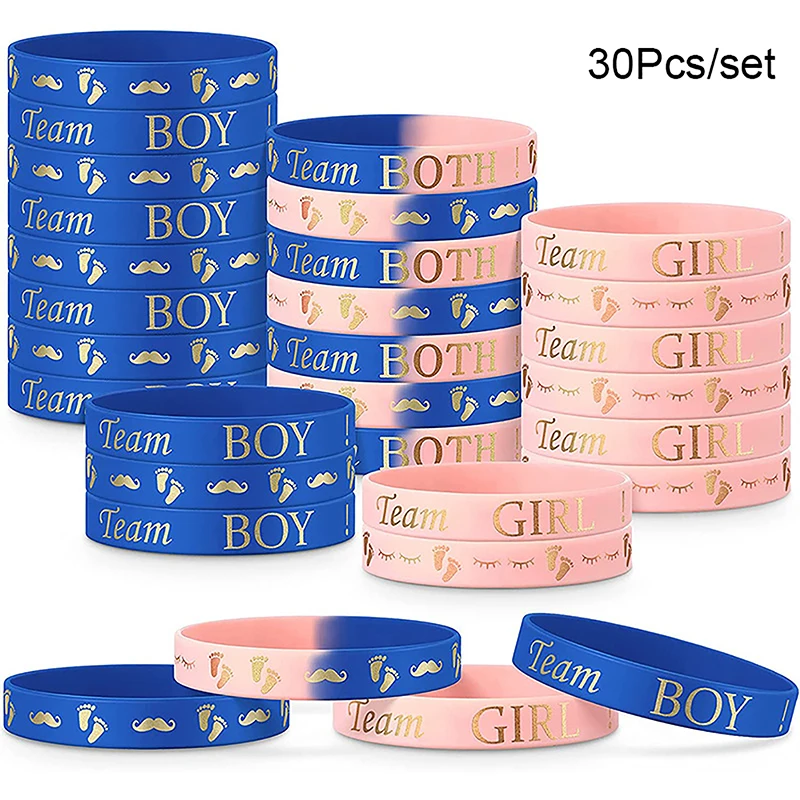 30PCS Boy Or Girl Gender Reveal Party Team Bride Bracelet Wristbands For Team Wendy Welcome Baby Shower Decoration Silicone