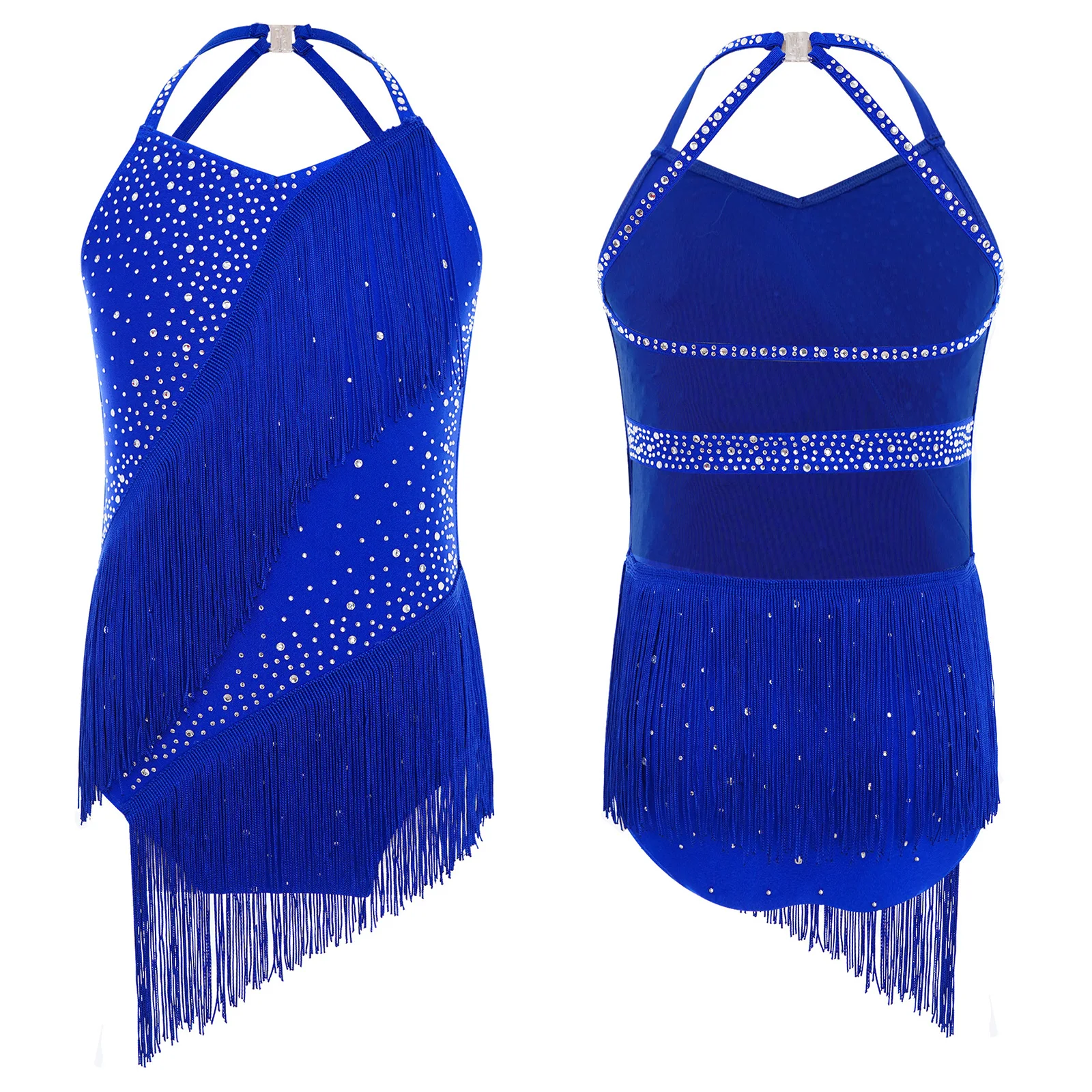 Kids Girls Tassels Latin Dance Leotard Figure Skating Performance Costume Sleeveless Halter V-Neck Backless Rhinestones Bodysuit