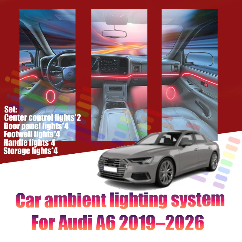 Luces LED Ambientales 4K C8 para Audi A6 2019-2026, Luces de Atmósfera Coloridas, Tira de Neón para Interior de Auto, Iluminación RGB de 64 Colores, Accesorios para Auto
