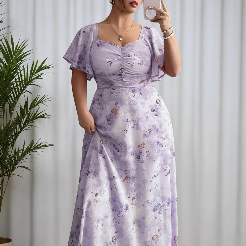 Plus Size Elegant Women's Summer Casual Floral Print Short Sleeve Long Dress Large Size Boho Square Collar Party Maxi Dresses