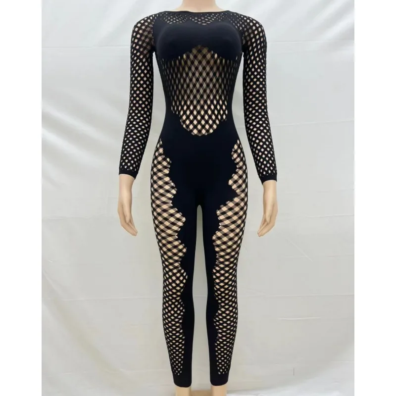 2024 Summer Lace Knitted See Through Hollow Skinny Jumpsuits Women Sexy Spicy Girls Solid Long Sleeve Clubwear One Piece Rompers