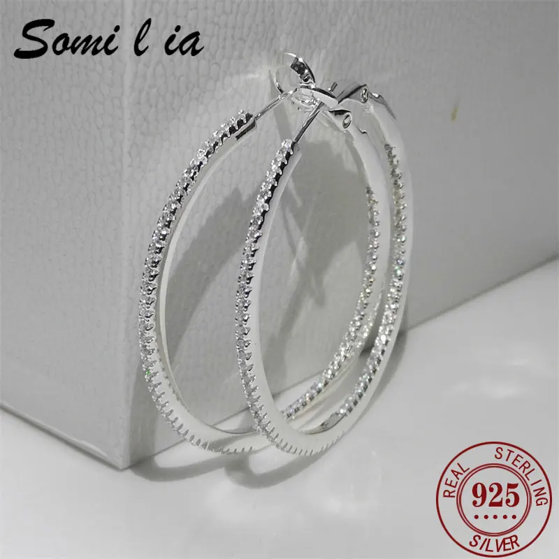 SOMILIA 2025 NOWE Kolczyki Koła Srebro Próby 925 Proste Cyrkonie 5A Klasyczne Damskie Kolczyki 40mm Cерьги Kольца Biżuteria Dla Kobiet