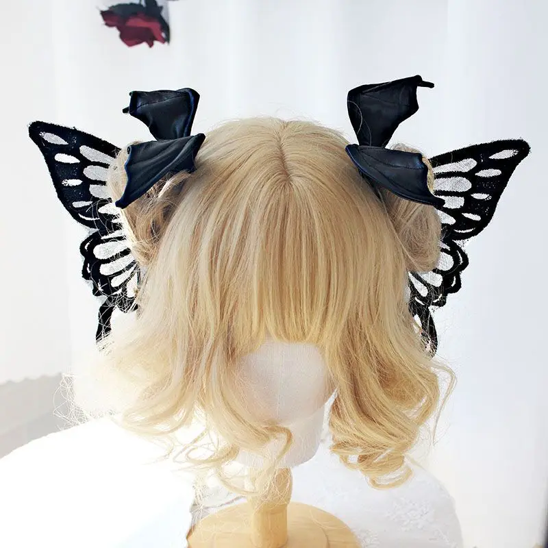 

Cosplay Gothic Lolita Angel Wings Hairpin Demon Headdress Harajuku Horns Embroidery Feather Hair Clip Anime Accessories