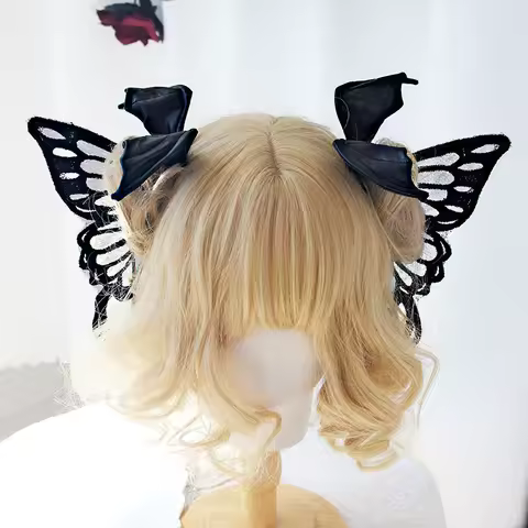 Cosplay Gothic Lolita Angel Wings Hairpin Demon Headdress Harajuku Horns Embroidery Feather Hair Clip Anime Accessories