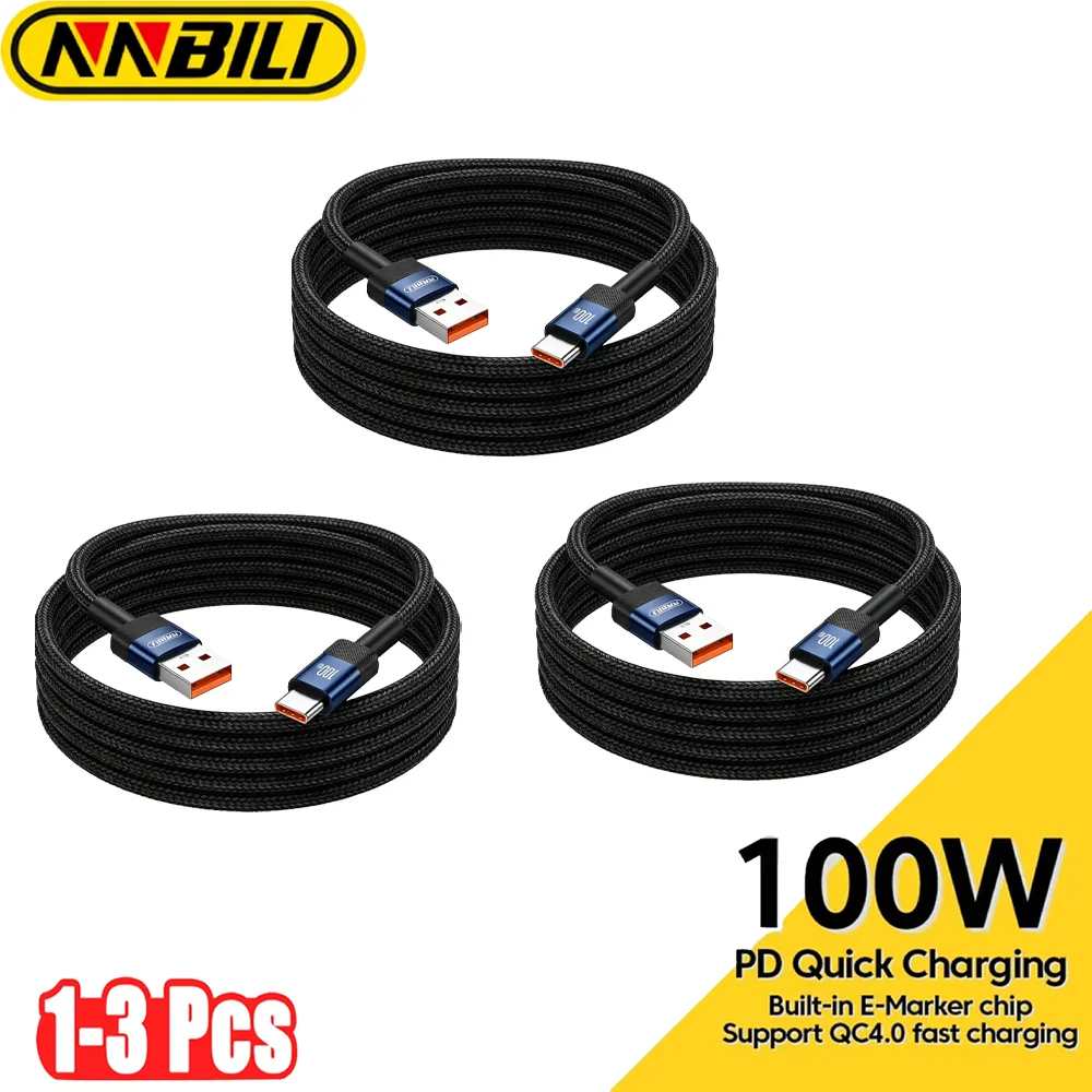 NNBILI 1-3Pcs 100W USB A to Type C Fast Charging Phone Cable for huawei Samsung S26 Xiaomi Quick Charge Type C Data Wire