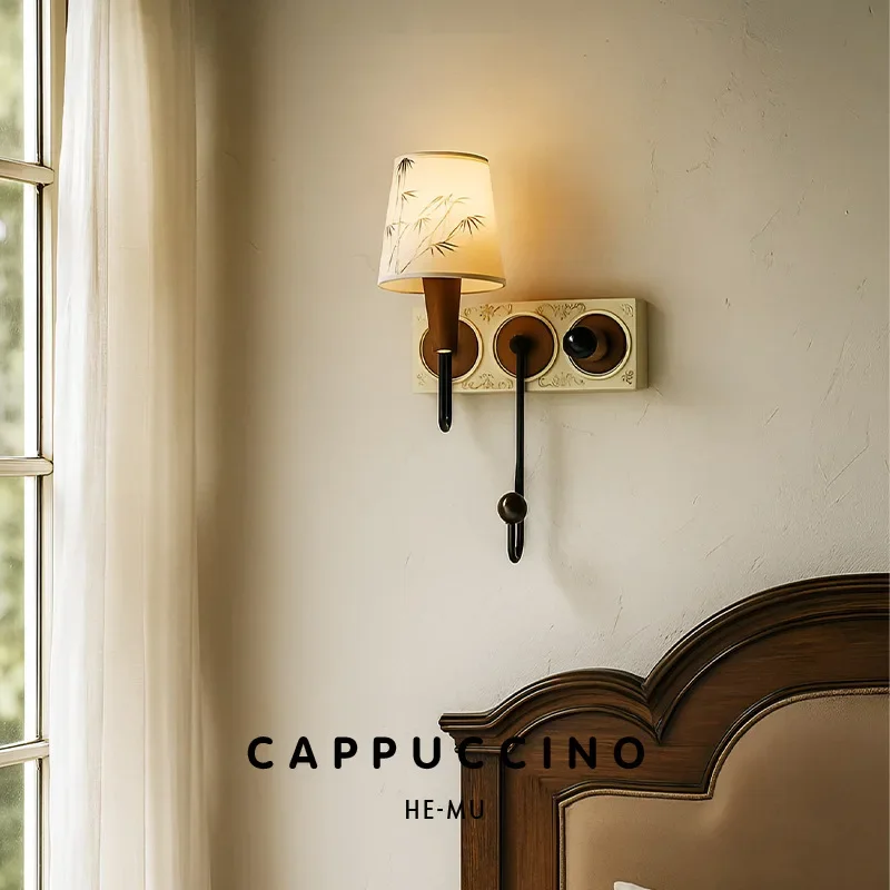 Mid-Century Modern Exquisite Wall Lamp with Walnut Tone, Fabric & Bamboo Print, Retro Nanyang Style Bedside Ambient Light