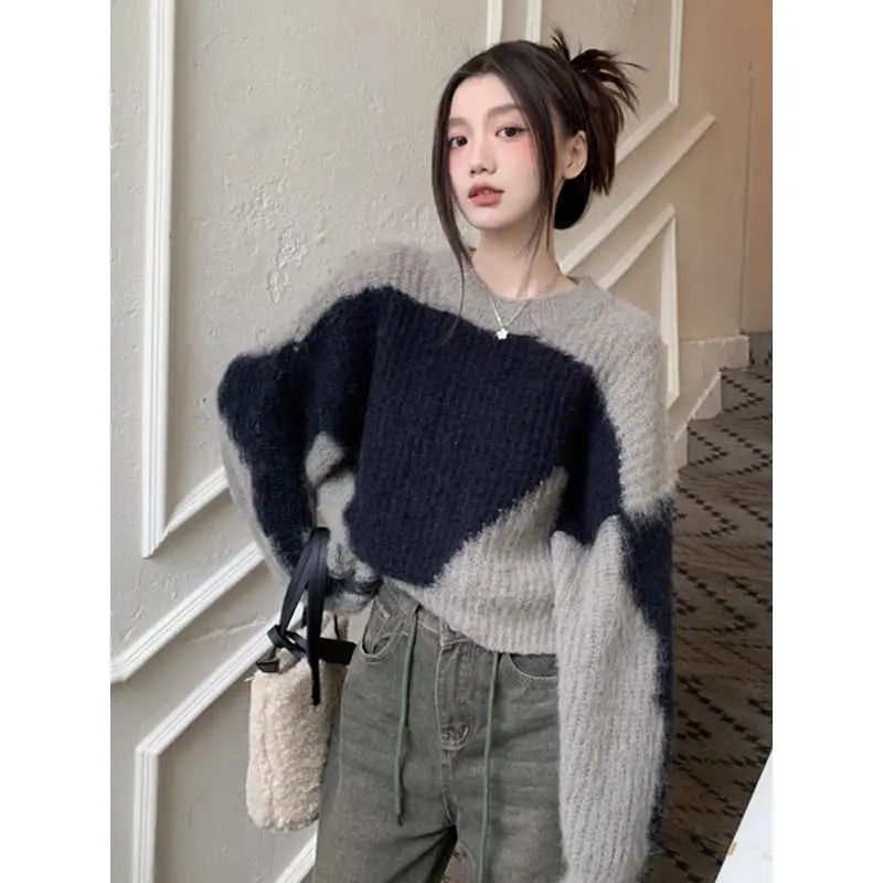 Vintage Sweater Women Autumn Winter Knitted Sweater O-neck Loose Cropped Tops Jumper Korean Chic Short Coat New