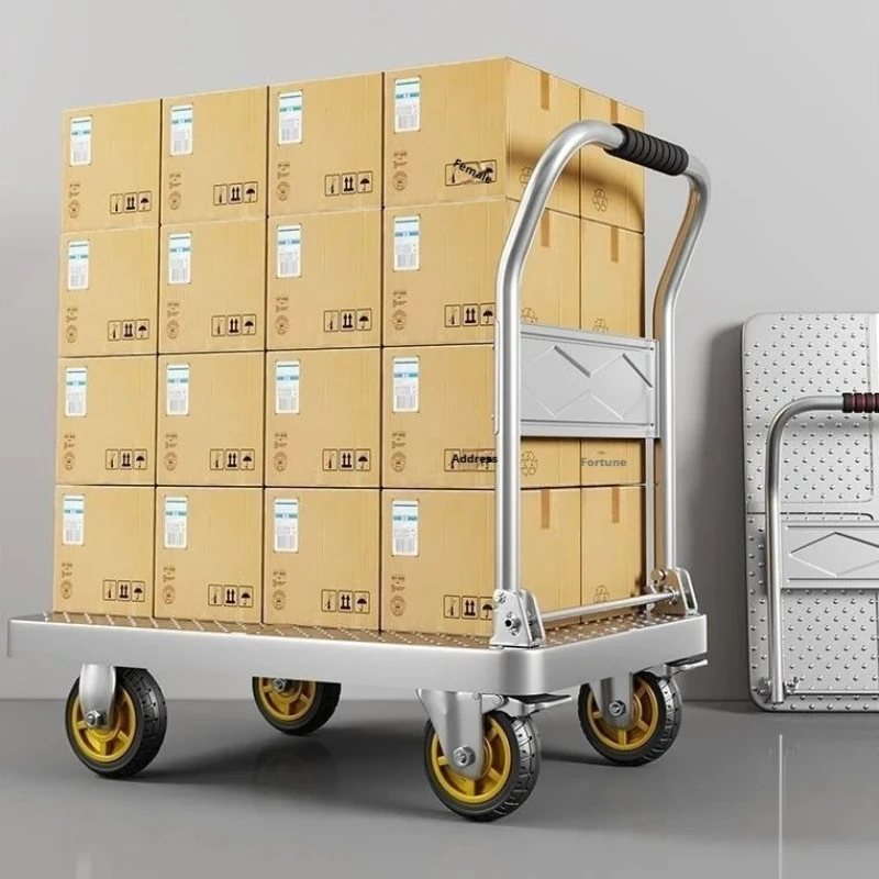 Upgraded thick steel plate handcart, silent wheel folding flatbed, luggage cart with brakes, reinforced steel frame handcart