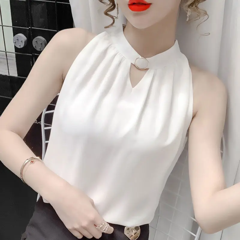 2024 New Solid Sleeveless Chiffon Interior Lapping Ladies Fashion Pullovers T-Shirts Shirts Summer All-match White T-Shirts