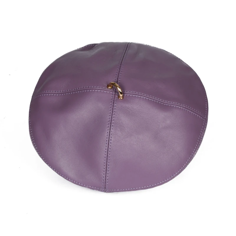 2025 Spring Fashion Lambskin Women Winter British Genuine Leather Painter Hat Female Retro Korean Octagonal Bonnet Pink/Blue Ber