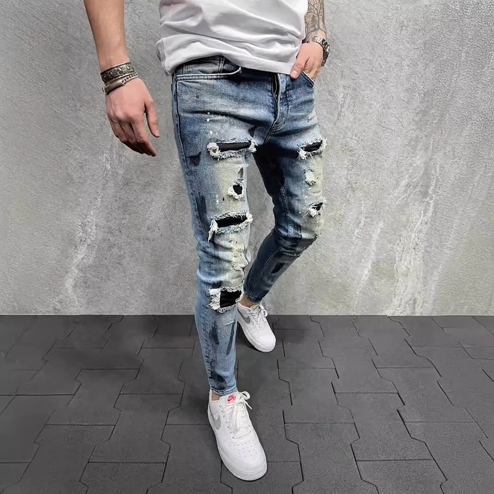 New Fashion Design Hole Slim Jeans Men's Paint Ripped Stitching Skinny Denim Pants Casual Hollow Out Zipper Denim Trousers