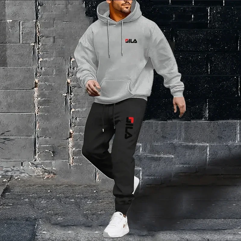 2025 hommes marque pull à capuche + taille élastique pantalon printemps et automne loisirs de plein air Jogging Fitness deux pièces ensemble