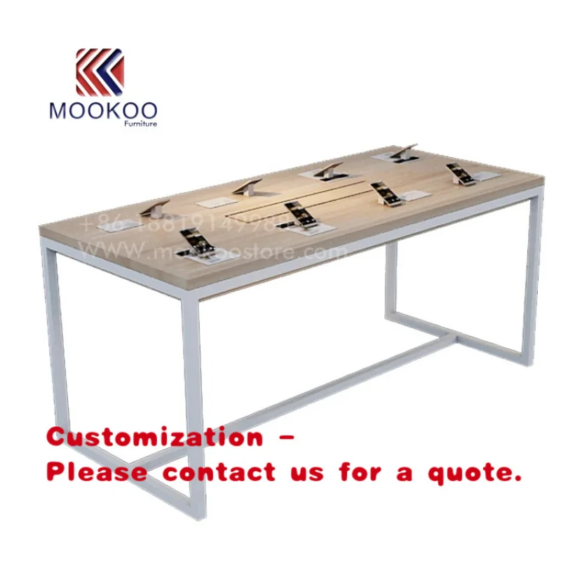 

custom.Modern Design Cellphone Shop Metal and Wooden Mobile Phone Counter Display Rack with LED Lighting and Easy Assembly