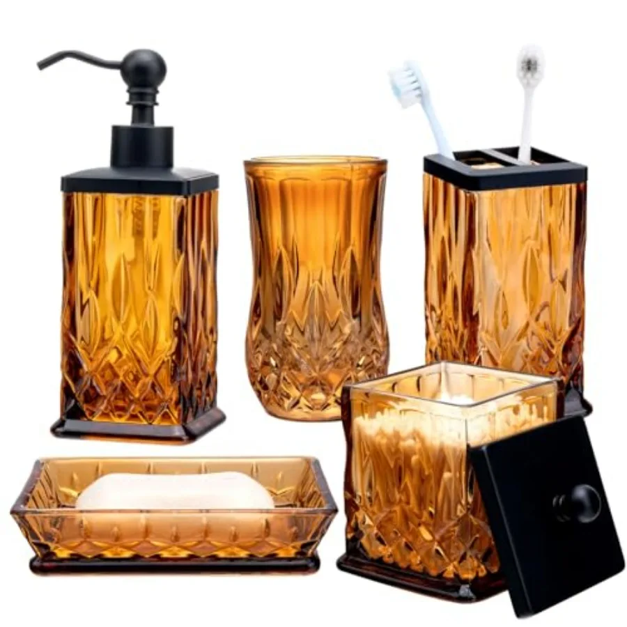 

Bathroom Accessories Set 5 Pcs Amber Glass Complete Lotion Soap Dispenser Toothbrush Holder Soap Dish Tumbler Jar Modern Bathro