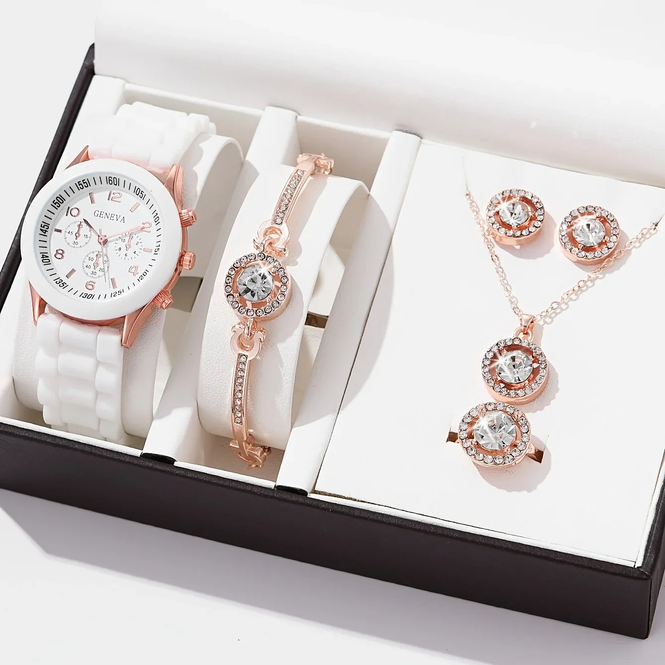 

5 шт./компл., 1 шт., белые часы со стразами + комплект ювелирных изделий, модные женские часы, ювелирные изделия, изысканные и стильные женские часы без коробки