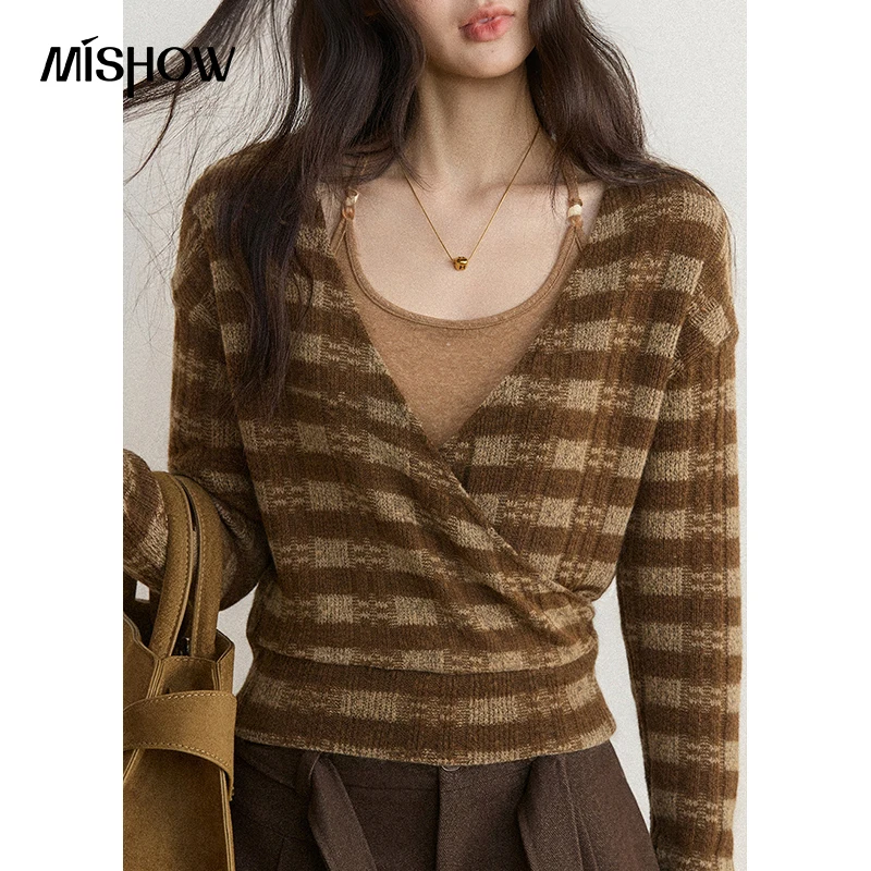 MISHOW Women's Two Piece Sets Korean Color Block Striped Knit Cardigan Camisole 2026 Fall Lazy Vibe Commuter Outfits MXF47T3324
