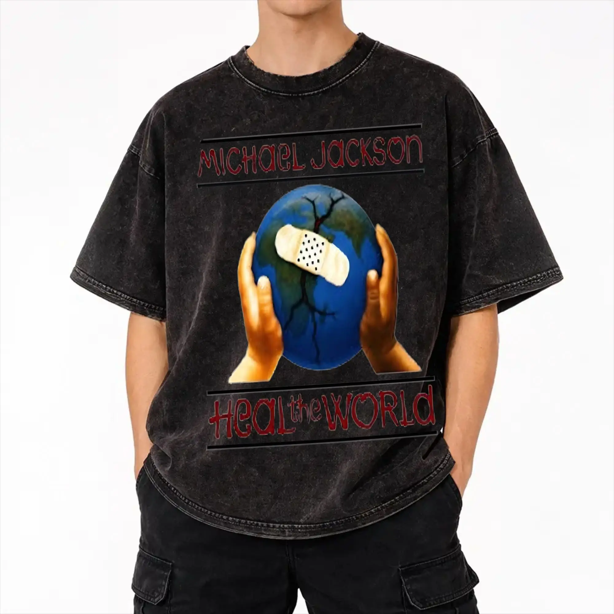 Heal The World MJ Signature michaels jacksons Accessories Washed T Shirt for Men Women Streetwear Hip Hop T-Shirt