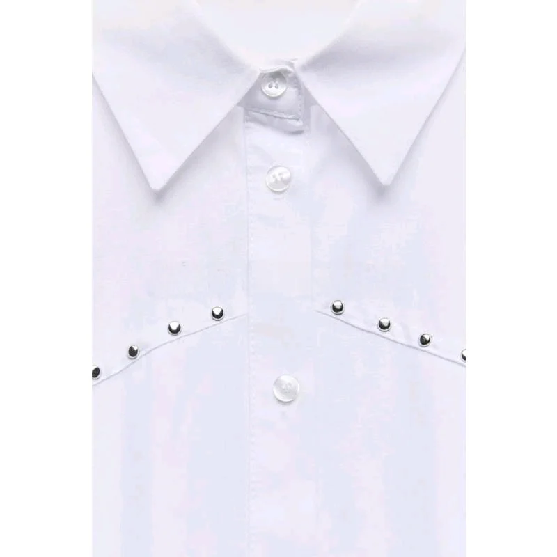 Printemps nouveauté femmes coupe ample longue col Sve irt Punk Sle Rivet décoré en mousseline de soie matériel trajet Sle