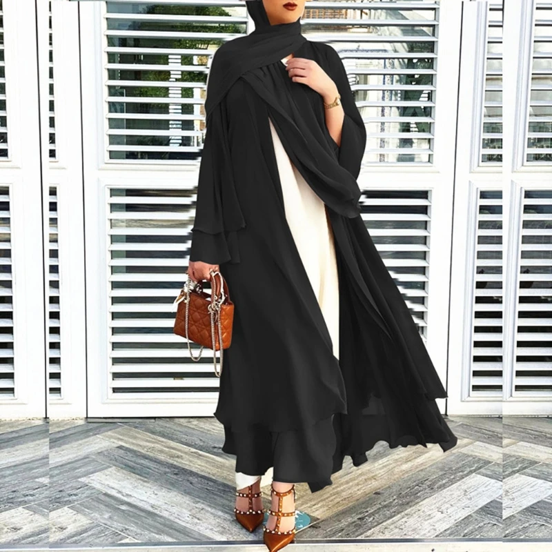 Women Muslim Long Sleeve Flowy Maxi Cardigan Islamic Open Front Kimono Abaya Robe Turkey Kaftan Solid Color Belted Loose Dubai