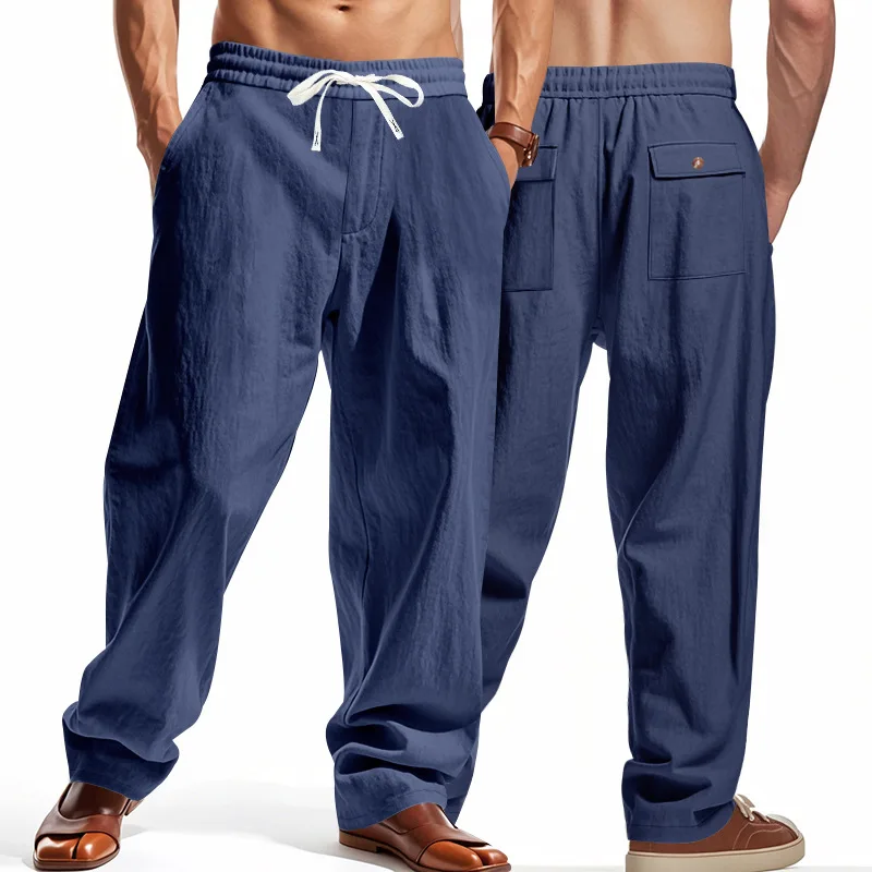 2025 Men Cotton Linen Pants Summer and Autumn Solid High Waist Wide-Leg Trousers Male Loose Hemp Casual Breathable Sports Pants