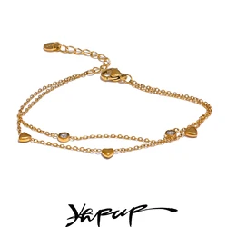Yhpup Delicate Chain Heart Zircon Double Layer Stacking Bracelet Bangle Chic Summer Stainless Steel Waterproof Jewelry Gift