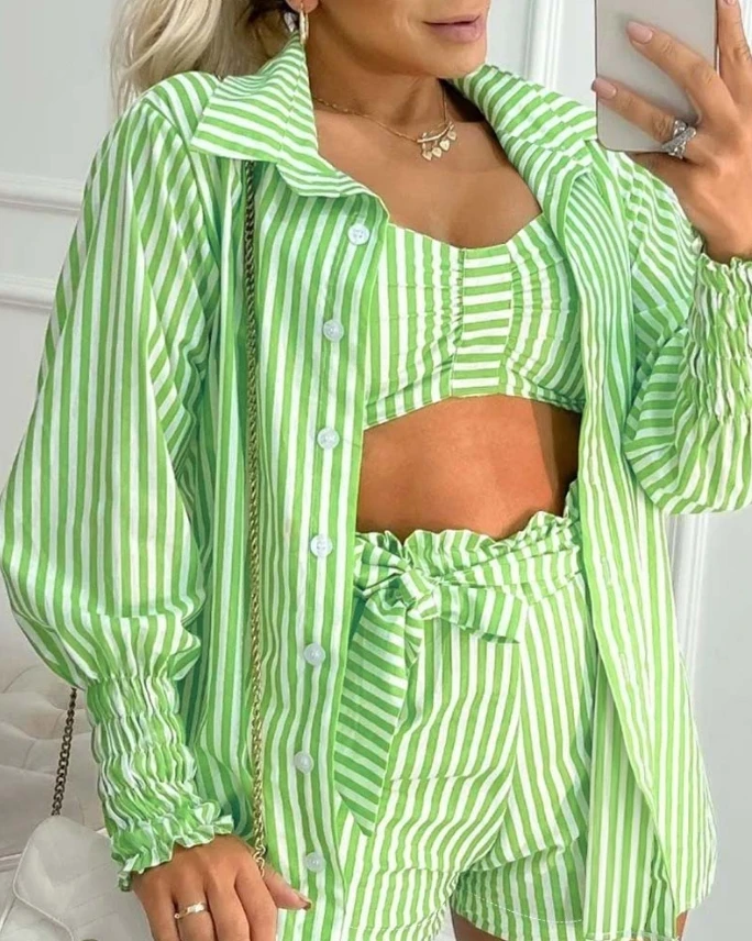 Daily Vacation Suit Set Women 2024 Turn-Down Collar Striped Crop Top & Tied Detail Shorts Set with Frill Hem Gigot Sleeve Coat