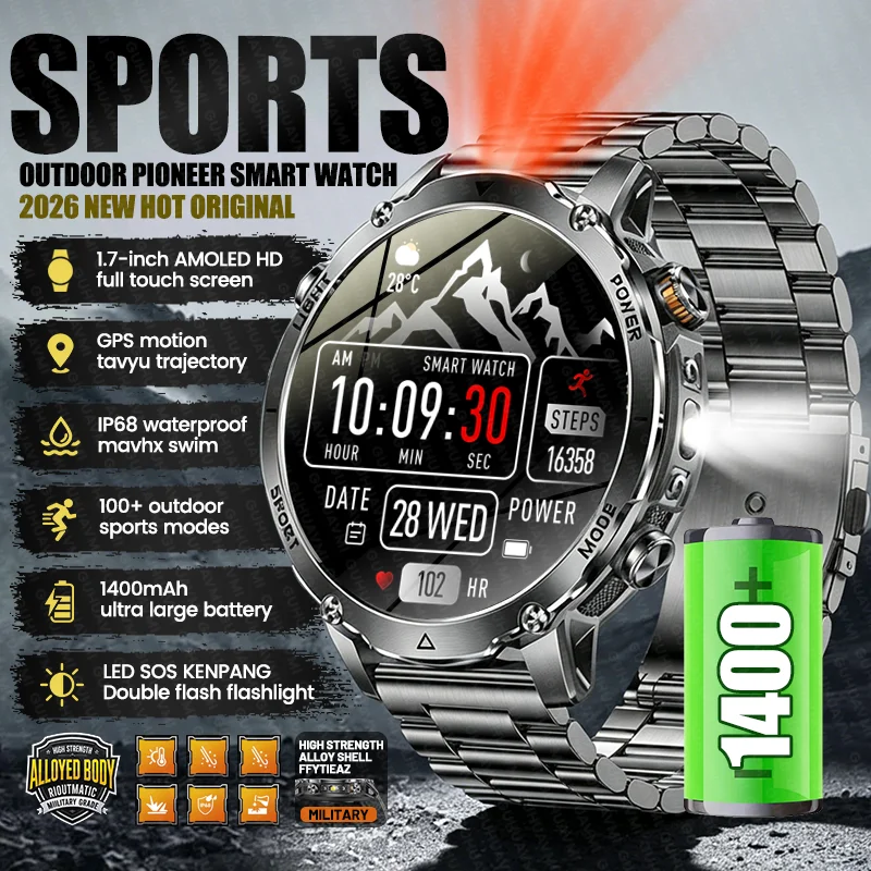 

New Men Outdoor Sports Pioneer Smart Watch 1400mAh Battery GPS SOS Flashlight IP68 Waterproof Bluetooth Call AMOLED Smartwatches