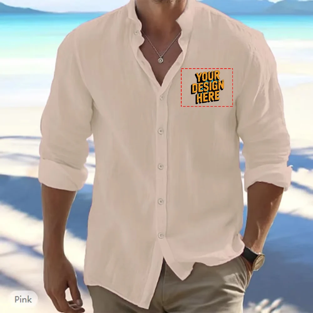 Diy Logo Men's Long-sleeved Cotton Linen Summer Hot Sale Beach Style Shirts Solid Color Casual Versatile Stand-up Collar Shirt