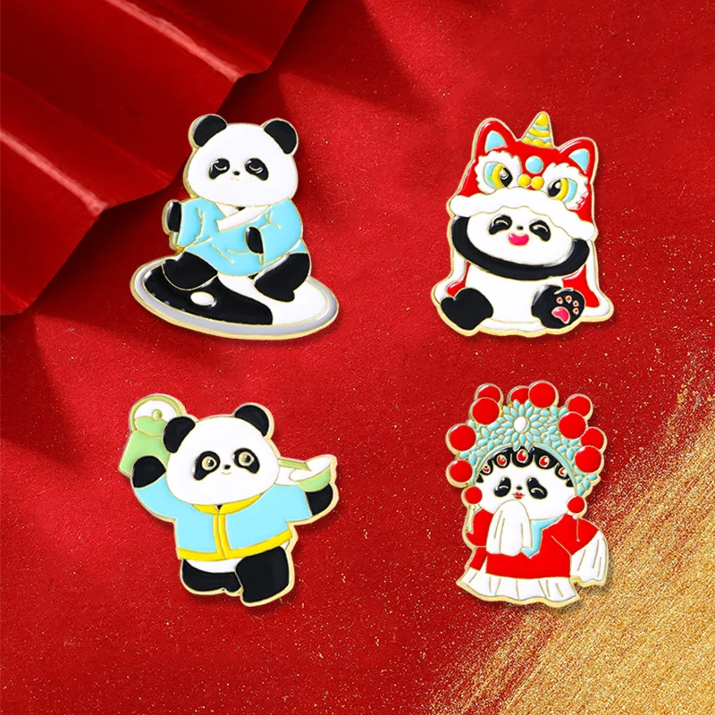 Chinese style national tide panda brooch cute panda opera Tai Chi lion dance juggling costume hat bag metal badge pin