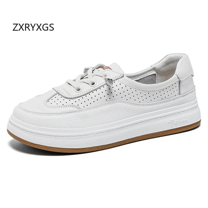 

ZXRYXGS 2026 Top Cowhide Spring Summer Sneakets Breathable Hollow Comfortable Women Shoes Casual Sneakers Flat Shoes Plus Size