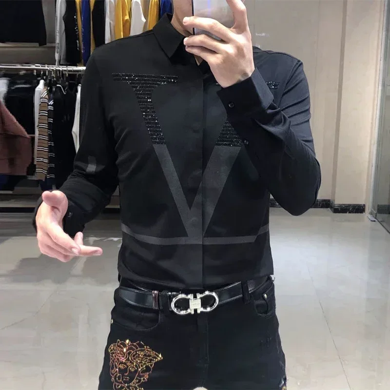 

Spring Autumn Personality Diamonds Letter Printing Shirt Hombre Long Sleeve Casual Fashion All-match Bottoming Blouse Men Top