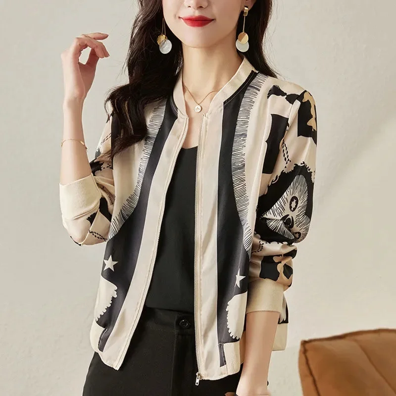 2023 Spring/Summer Silk Short Cardigan Overlay Small Coat Women Short Style Temperament Splicing Contrast Color Silk Satin Top