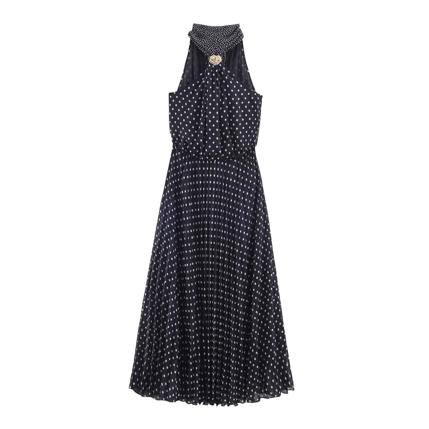 BSAY 2026 Vintage Elegantes Damen Polka Dot Halter-Midikleid mit Metallverzierung, geraffter Taille, plissiert, ärmellos, A-Linie, langes Kleid – Detail 2